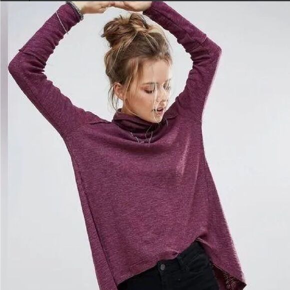 Free People Purple Size small flyaway split back turtleneck longsleeve raglan - Picture 2 of 12